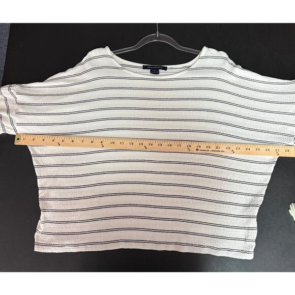 FRENCH CONNECTION Sz L Stripe Crinkle Knit Balloon Sleeve Coastal Minimalist Top - Picture 4 of 9